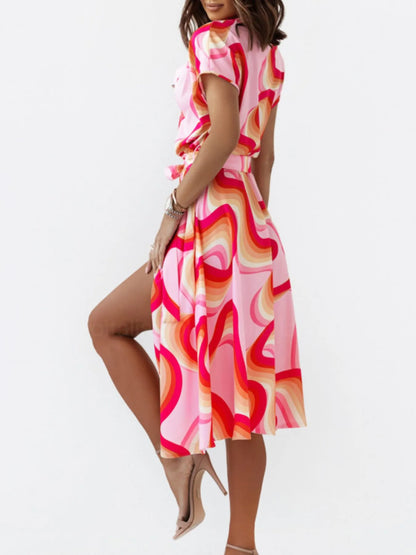 Printed Button Front Midi Dress -