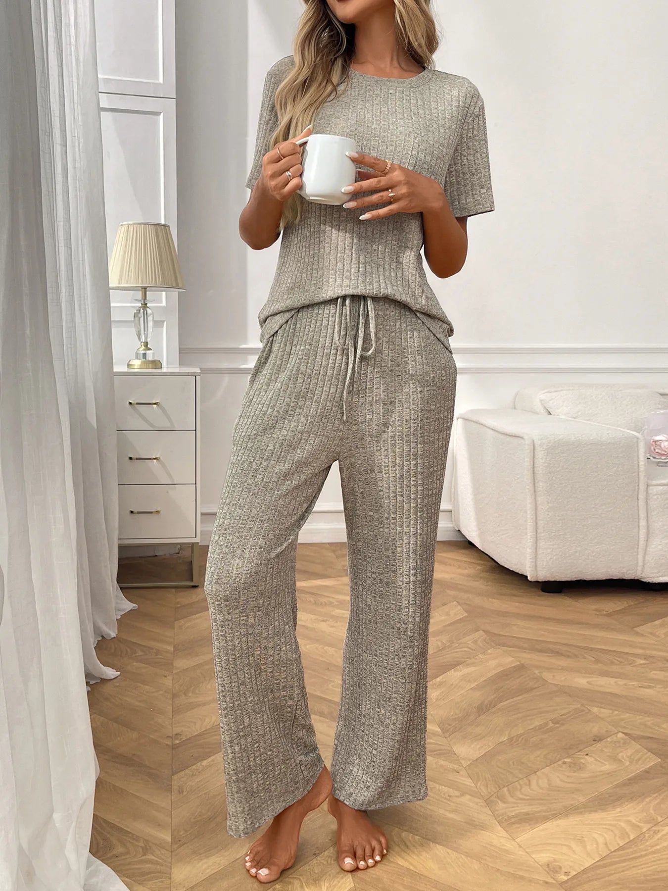 Ribbed Knit Short Sleeve Top and Pants Lounge Set - Khaki