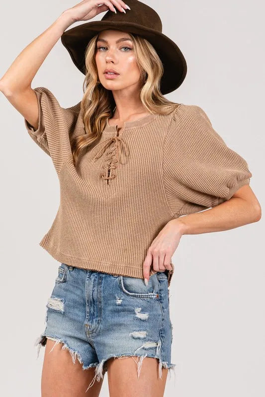 Lace-Up Waffle Knit Crop Top - Camel