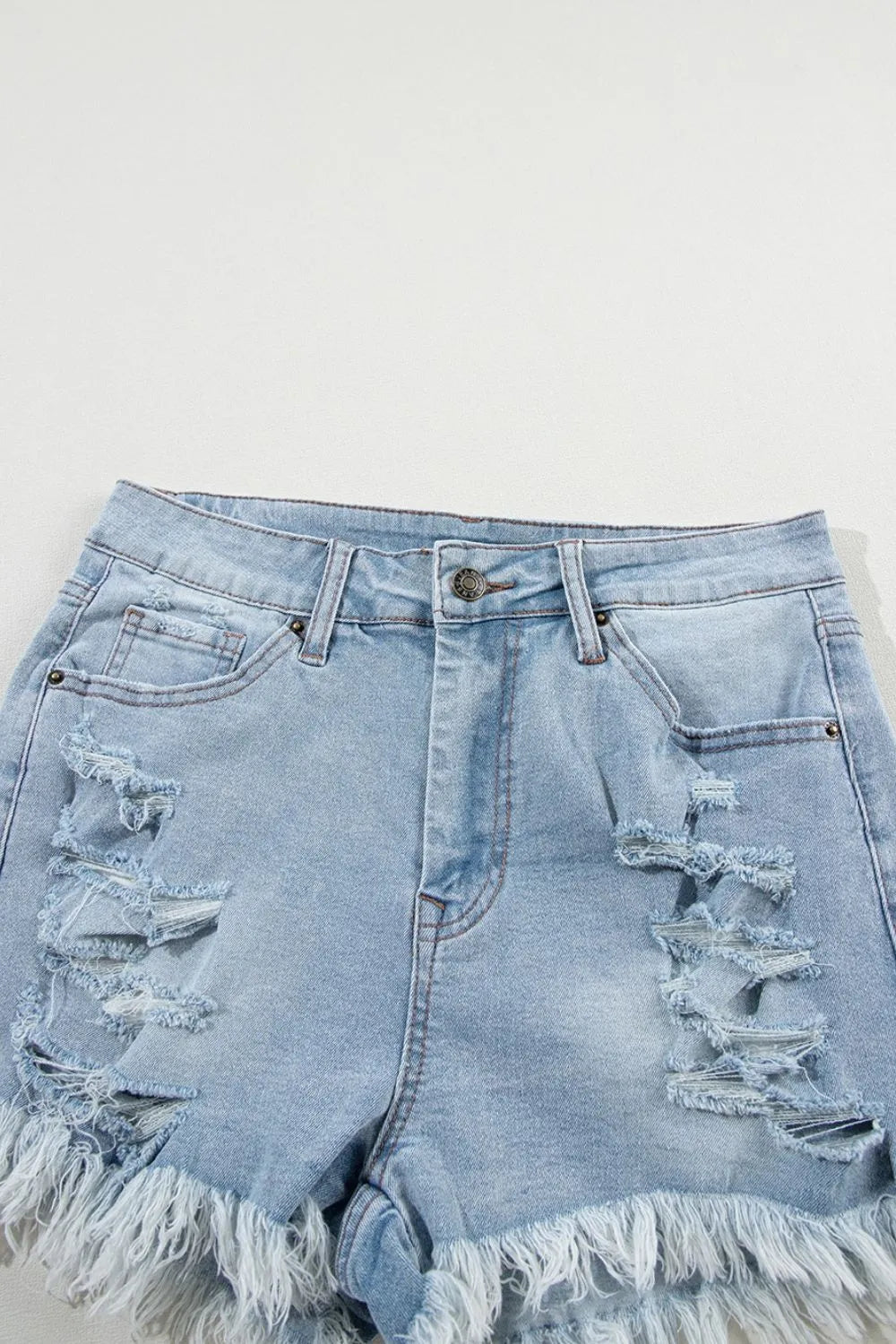 Distressed Raw Hem High Waist Denim Shorts -