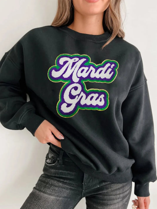 MARDI GRAS Round Neck Drop Shoulder Sweatshirt - Black