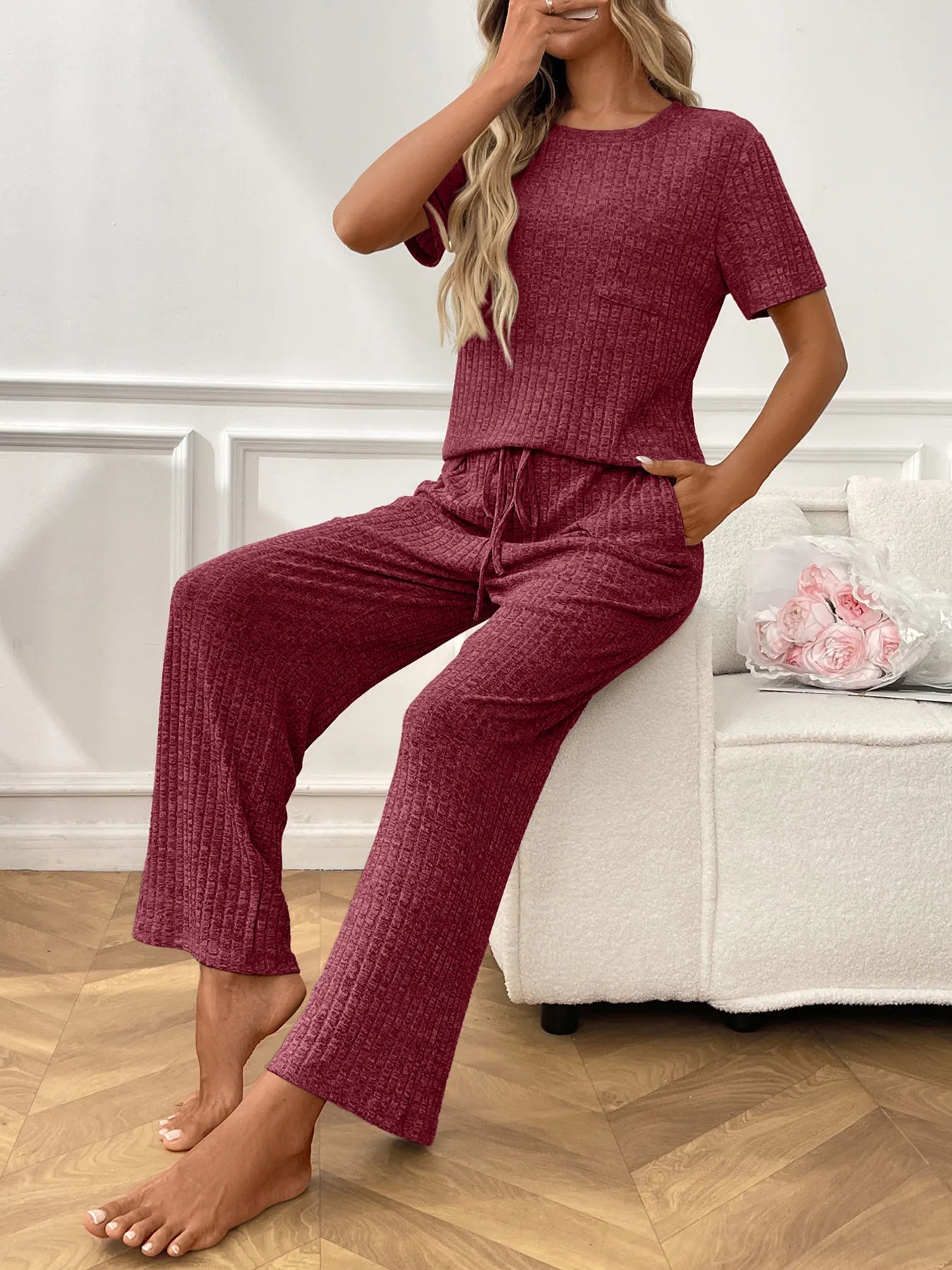 Ribbed Knit Short Sleeve Top and Pants Lounge Set -