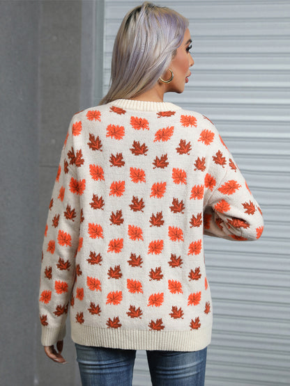 Maple Leaf Round Neck Long Sleeve Sweater -