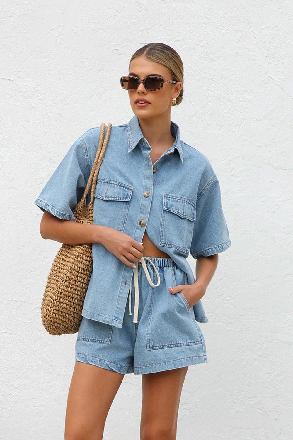 Collared Neck Button Up Top and Shorts Denim Set - Light