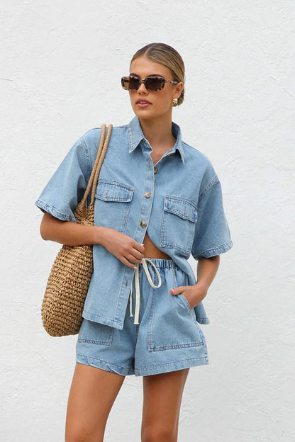 Collared Neck Button Up Top and Shorts Denim Set - Light