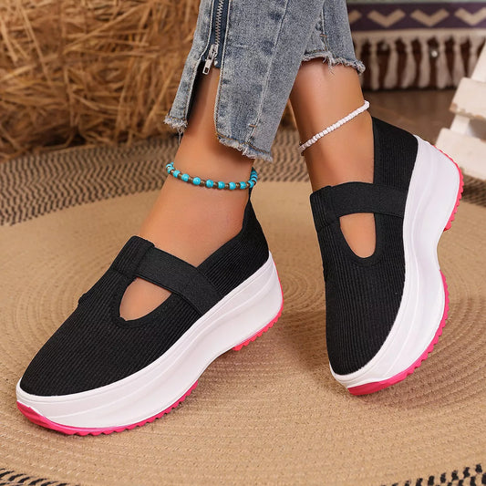 Round Toe Platform Slip-Ons - Black