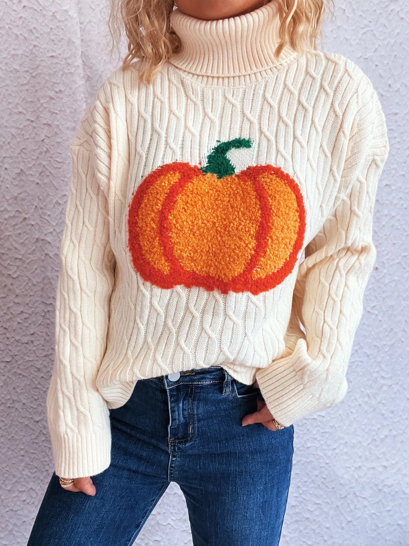 Pumpkin Turtleneck Long Sleeve Sweater - White One Size