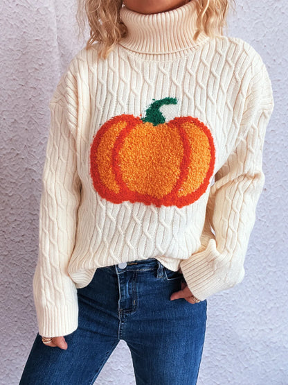 Pumpkin Turtleneck Long Sleeve Sweater - White One Size