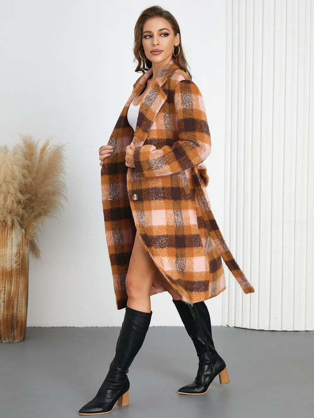 Tied Plaid Collared Neck Coat - Watermelon Pink