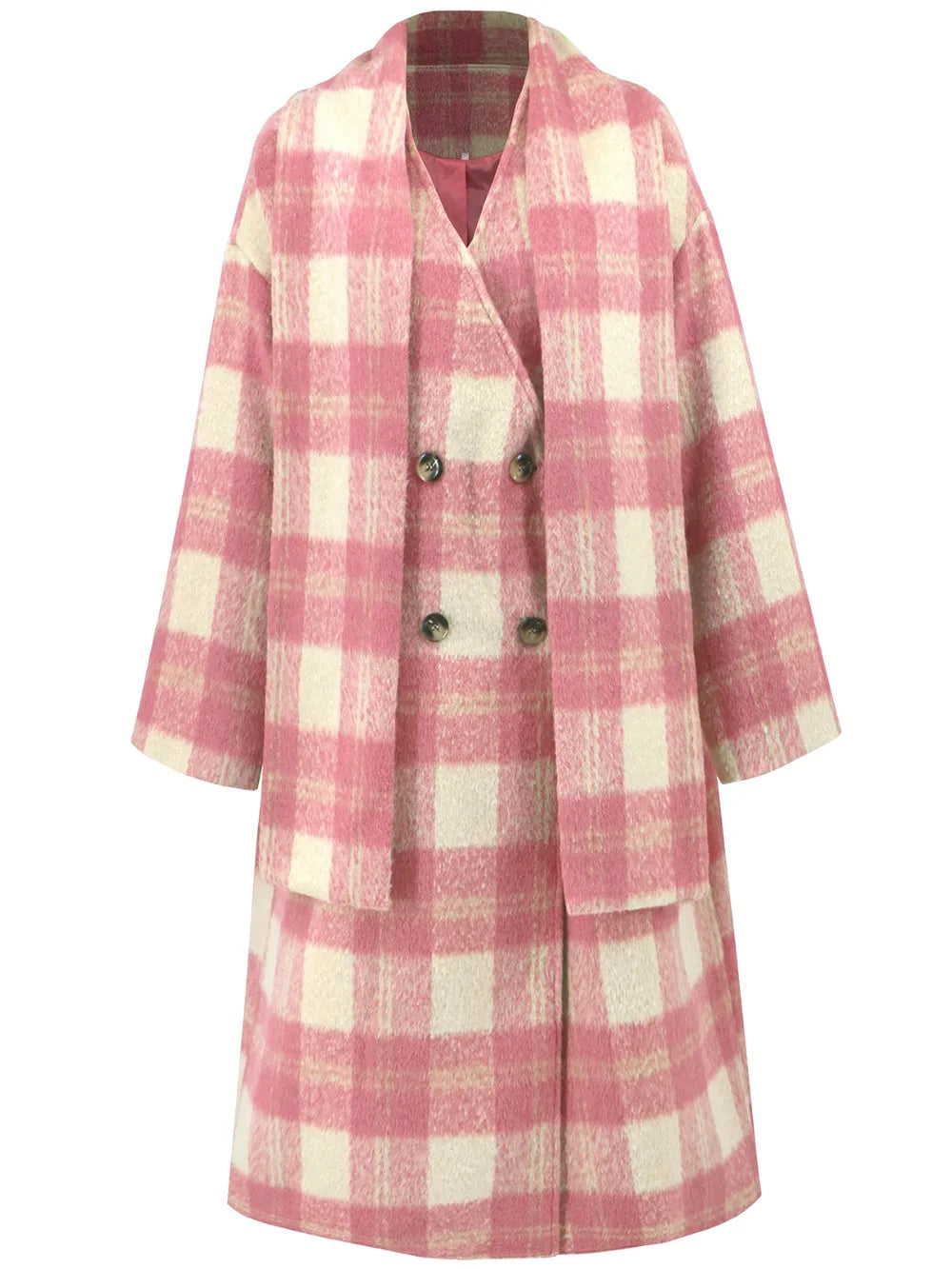 Plaid Button Up Long Sleeve Coat - Burnt Coral