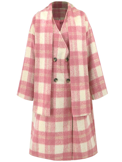 Plaid Button Up Long Sleeve Coat - Burnt Coral