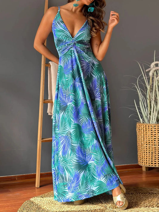Tropical Print V-Neck Maxi Dress - Blue
