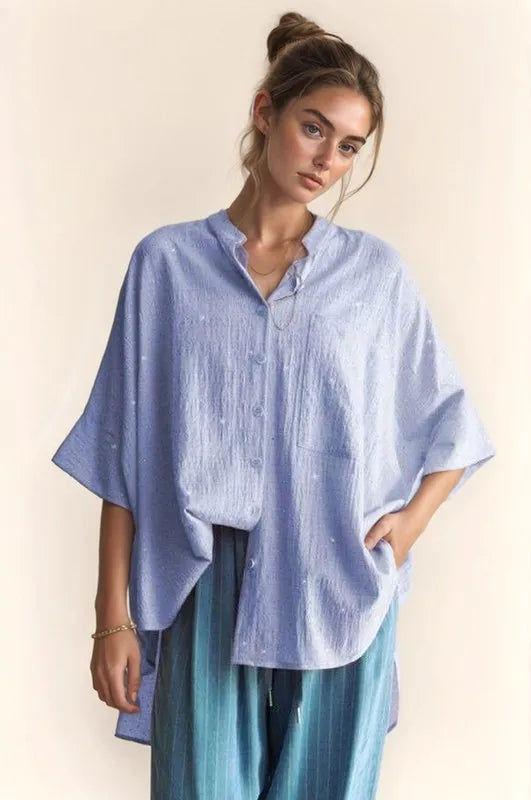 Rhinestone Pleat Back Short Sleeve Loose Fit Shirt - Blue