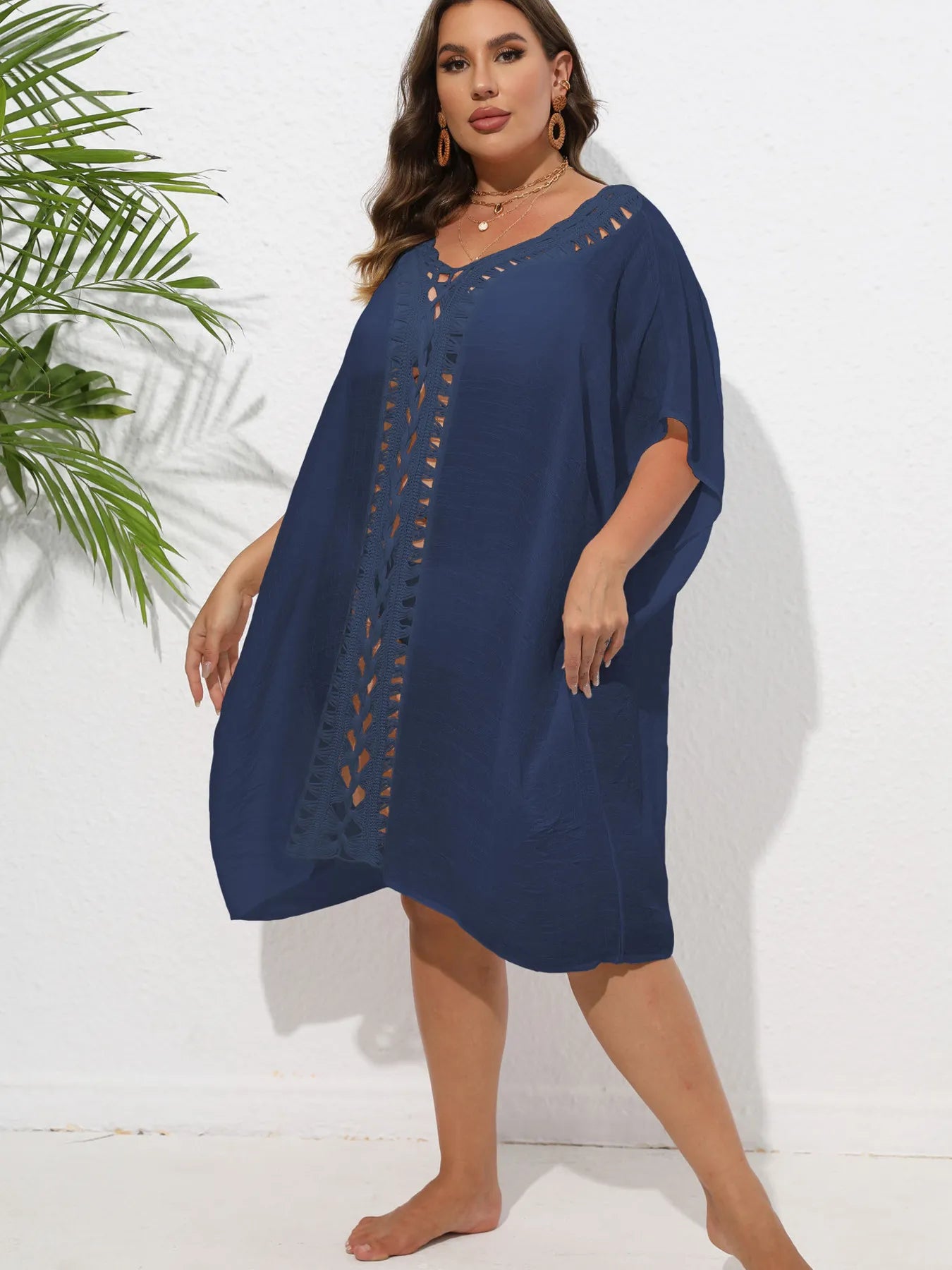 Crochet Trim V-Neck Beach Cover-Up Dress - Purplish Blue One Size