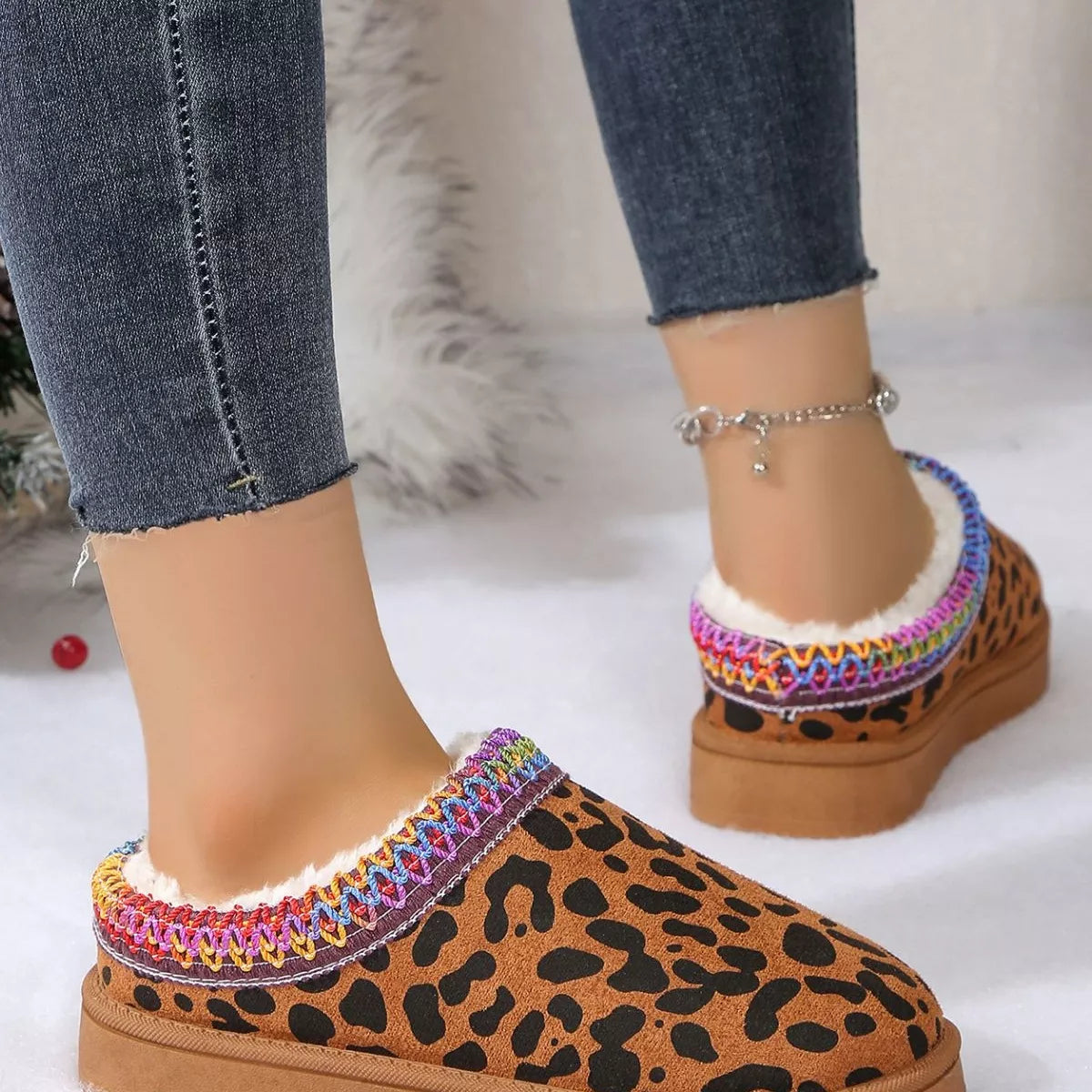 Leopard Print Plush Lined Warm Slip-Ons -