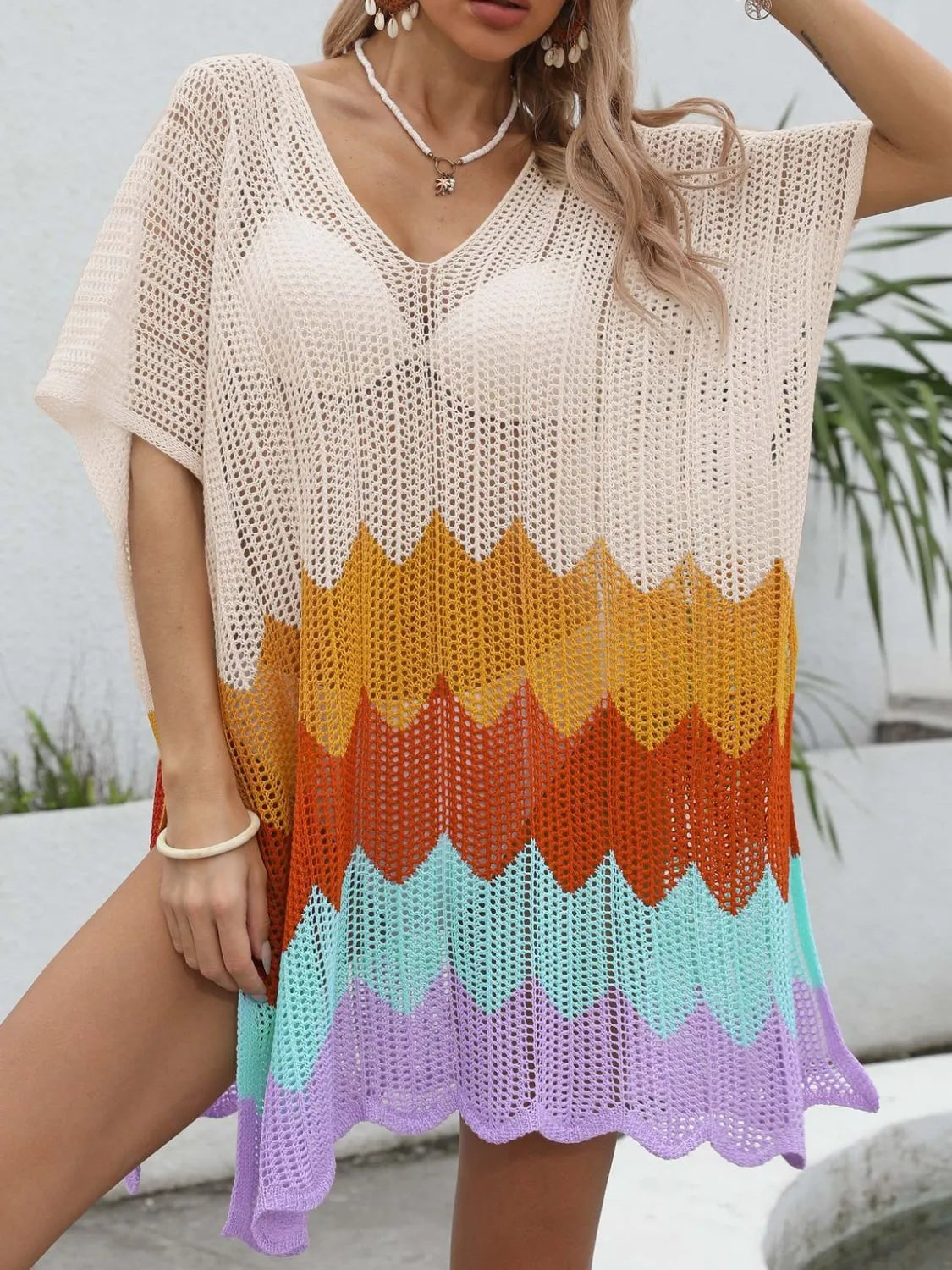 Openwork V-Neck Half Sleeve Cover-Up -