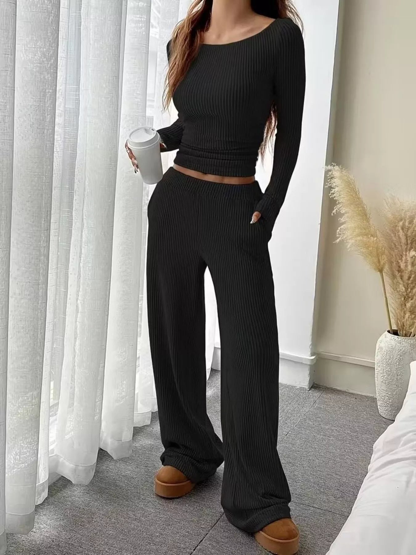 Ribbed Knit Boat Neck Top and Pants Set -