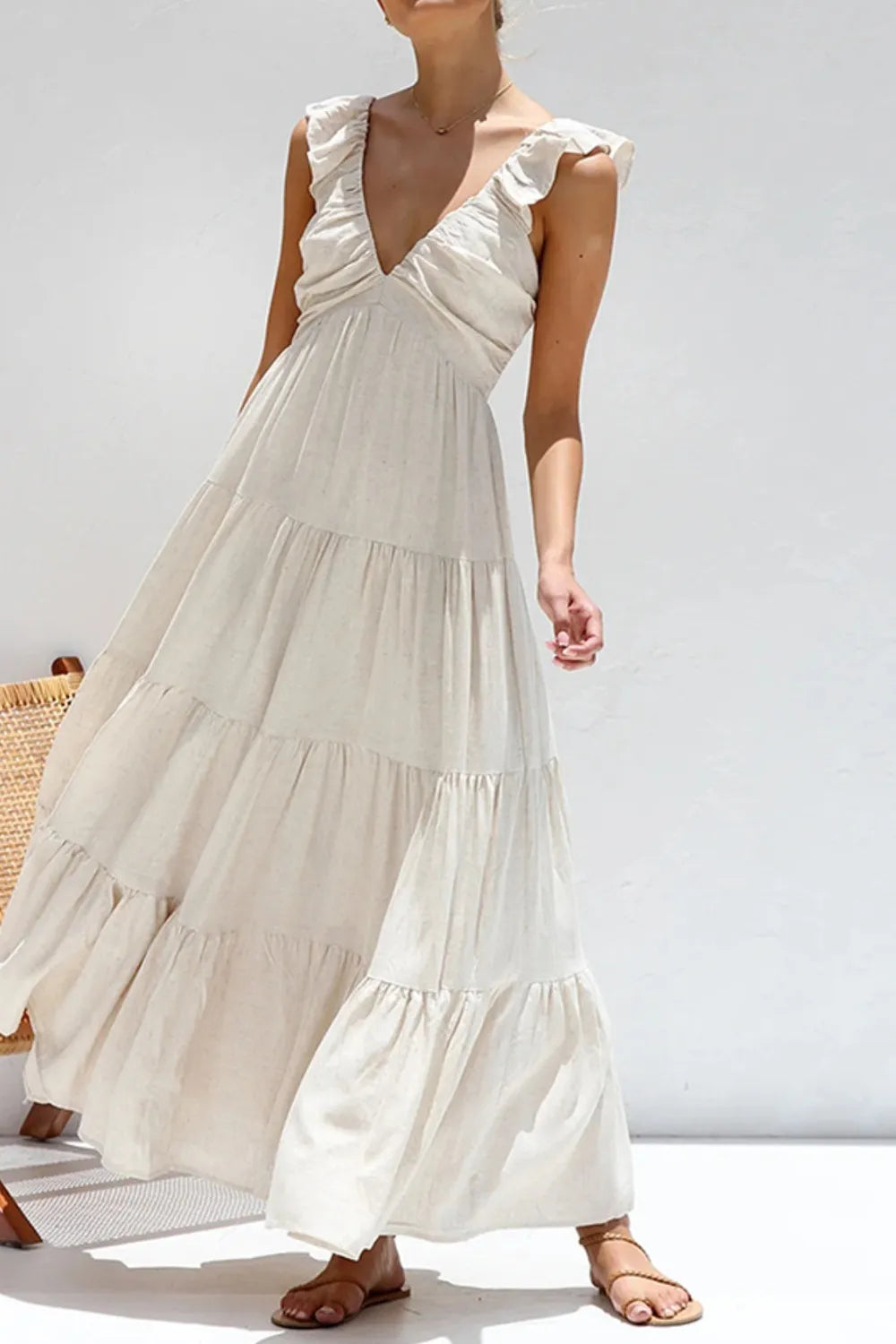 Ruffled V-Neck Tiered Dress -