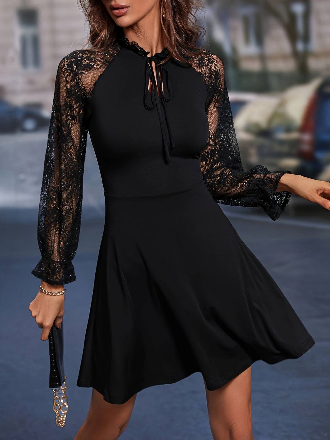 Lace Tie Neck Flounce Sleeve Dress | AdoreStarr