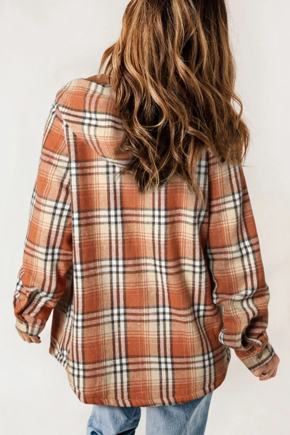 Plaid Button Up Long Sleeve Hooded Jacket -