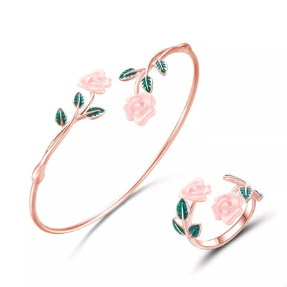 Rose Bypass Ring and Bracelet Jewelry Set -