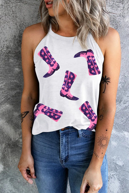Sequin Boots Print Round Neck Tank -