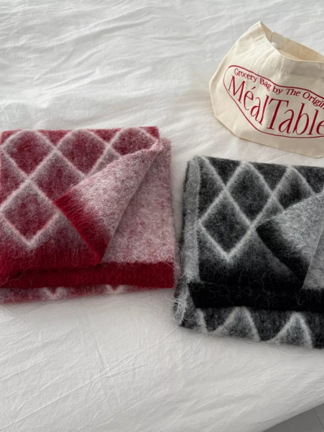 Diamond Pattern Fuzzy Knit Scarf -