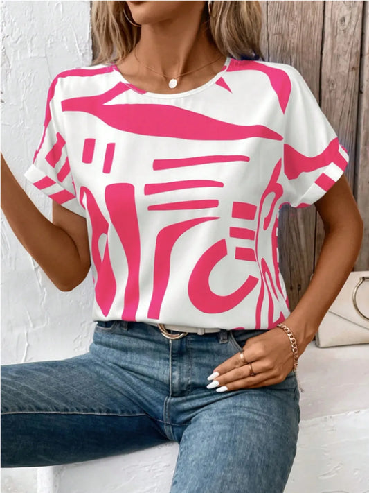 Contrast Round Neck Short Sleeve Blouse - Hot Pink
