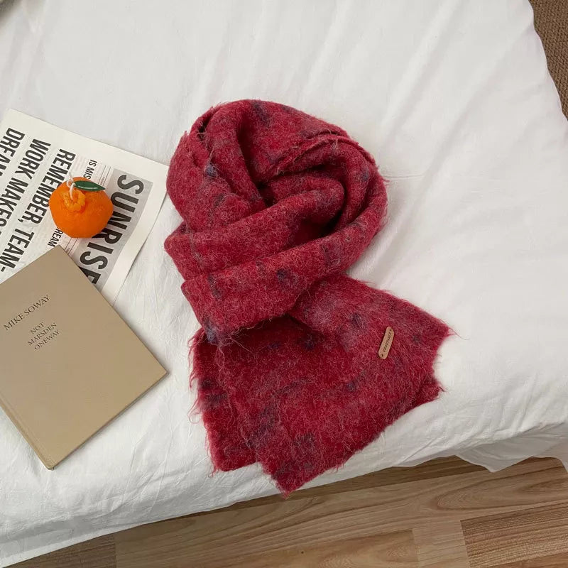 Soft Fuzzy Contrast Scarf - Red One Size