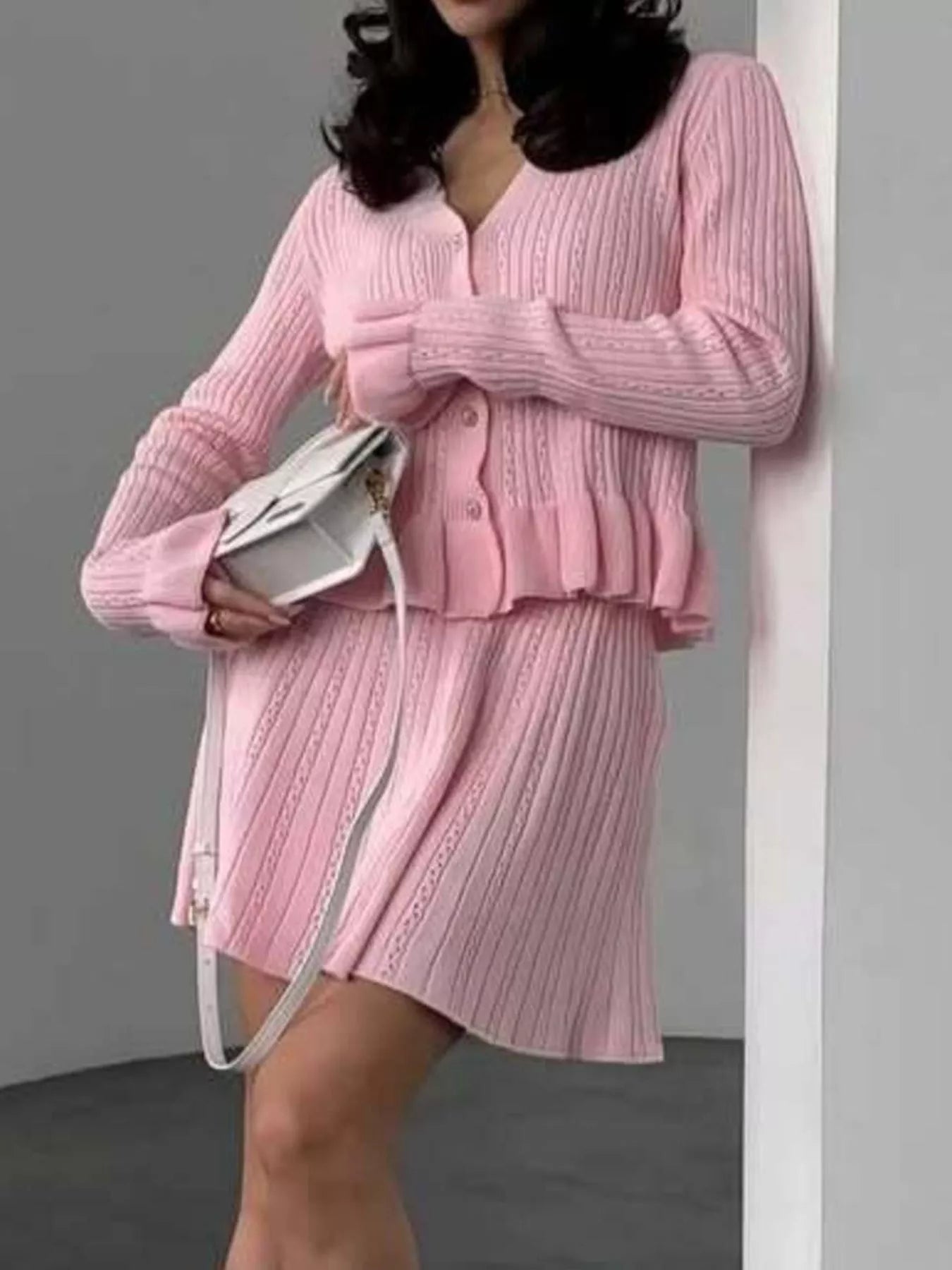 Ruffle Trim Knit Cardigan and Skirt Set -