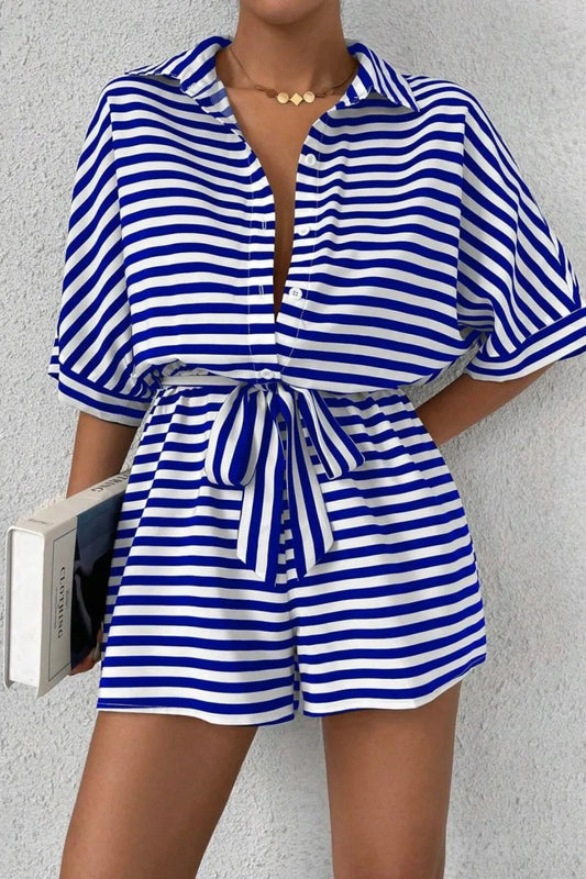 Collared Neck-Tie Waist Romper - Blue