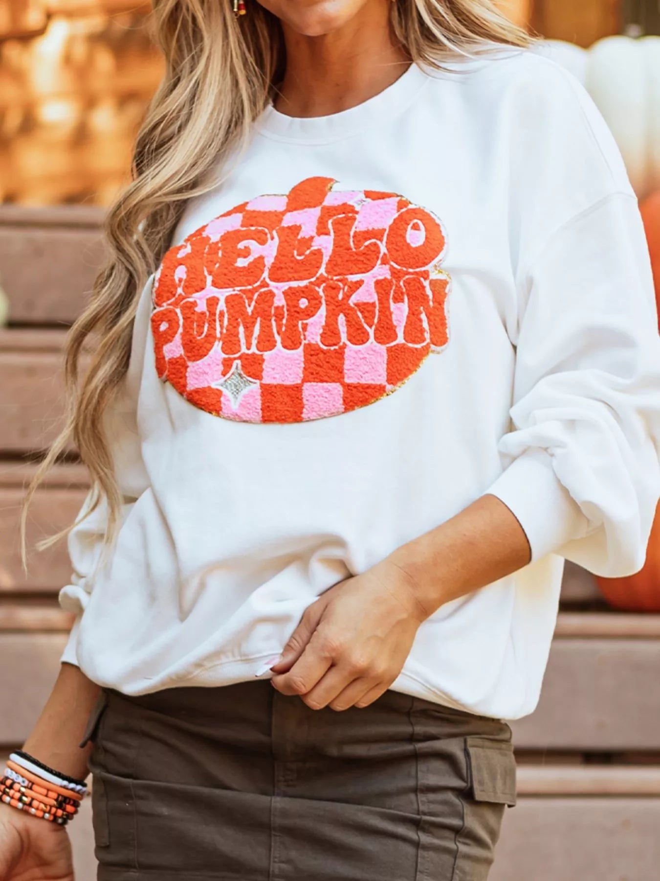 Pumpkin Patched Pattern Long Sleeve Sweatshirt - White