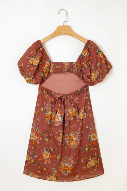 Floral Puff Sleeve Knot Open Back Mini Dress -