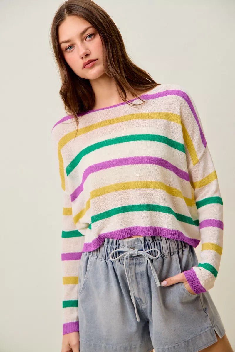 Mardi Gras Color Stripe Lightweight Sweater Top -