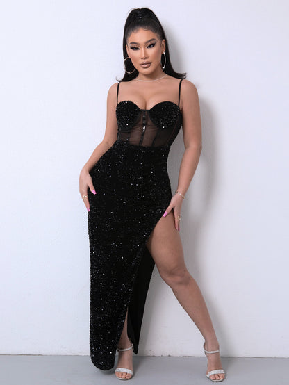 Sequin Spliced Mesh Adjustable Strap Dress | AdoreStarr