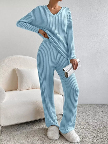 Ribbed Knit V-Neck Top and Pants Set -