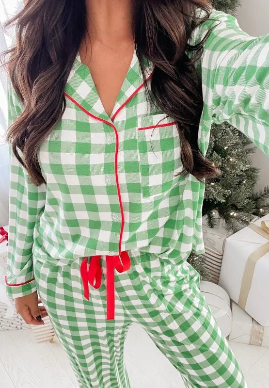 Plaid Collared Neck Long Sleeve Top and Pants Set -