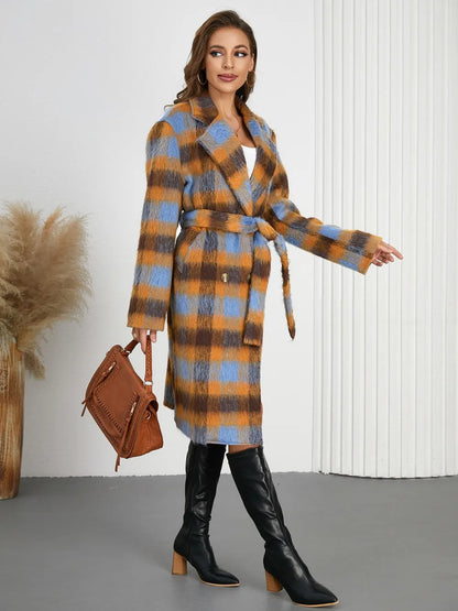 Tied Plaid Collared Neck Coat - Light Blue