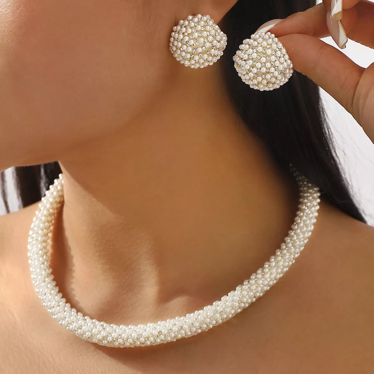 Pearl Embellished Earrings and Necklace Jewelry Set -