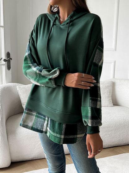 Drawstring Plaid Long Sleeve Hoodie