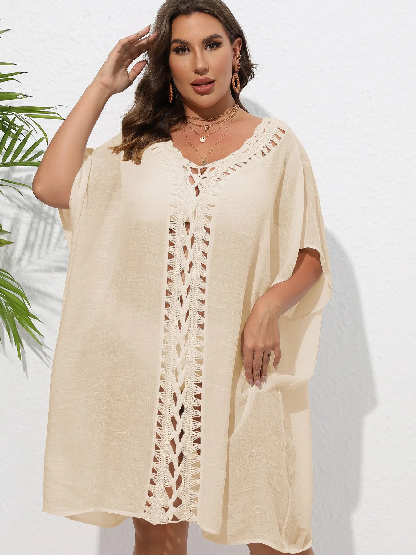 Crochet Trim V-Neck Beach Cover-Up Dress - Apricot One Size