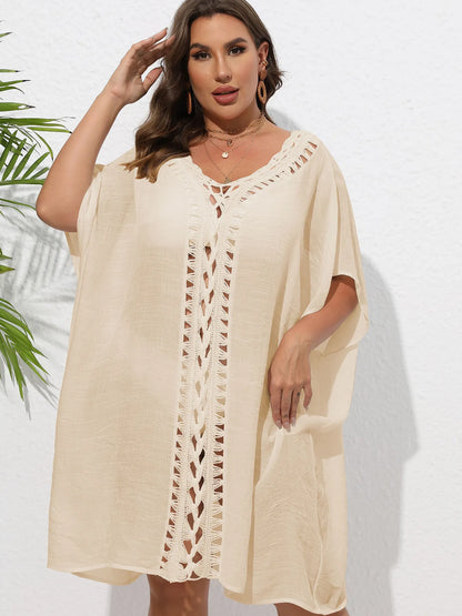 Crochet Trim V-Neck Beach Cover-Up Dress - Apricot One Size