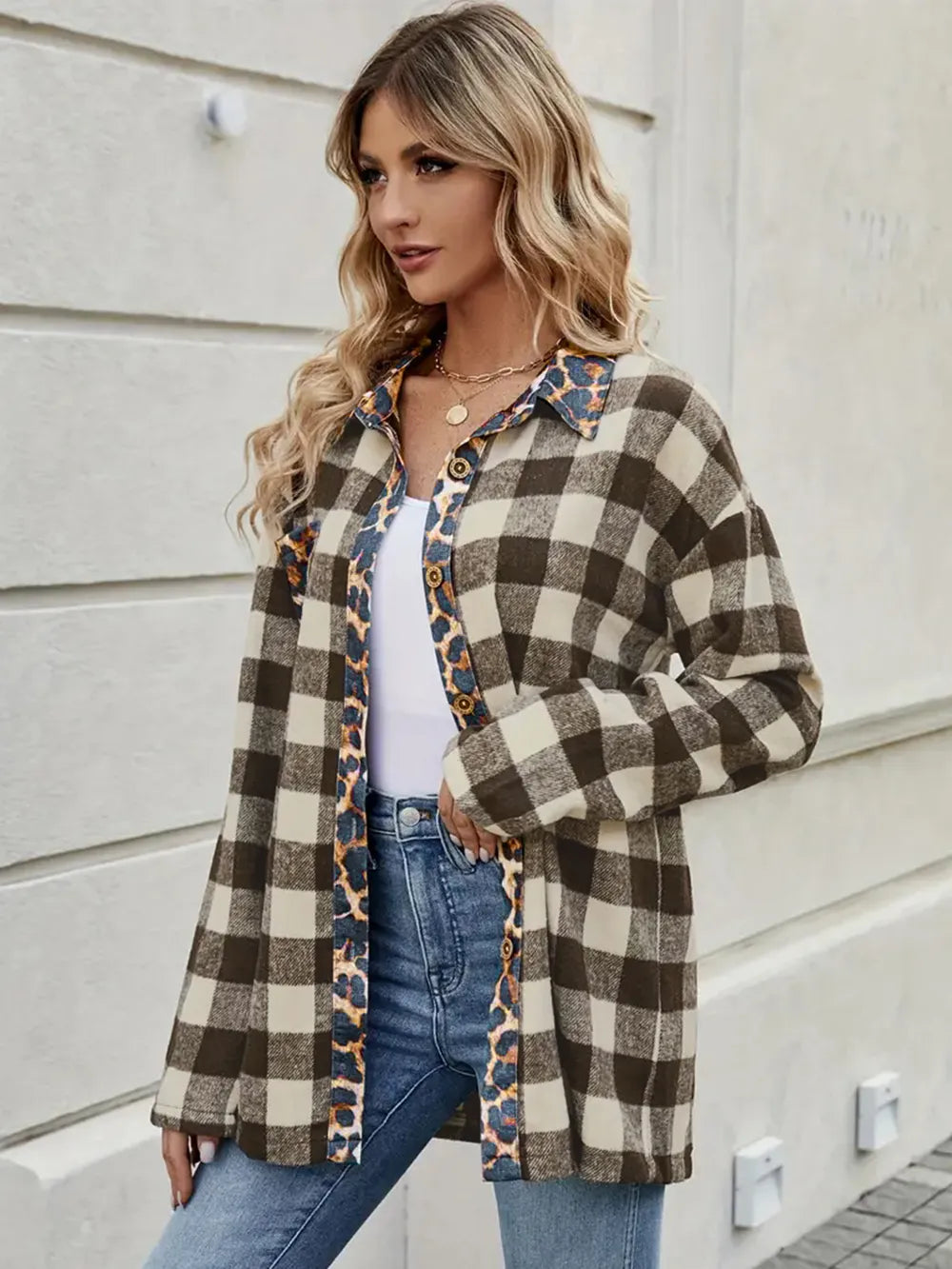 Leopard Trim Plaid Collared Neck Shirt - Coffee Brown