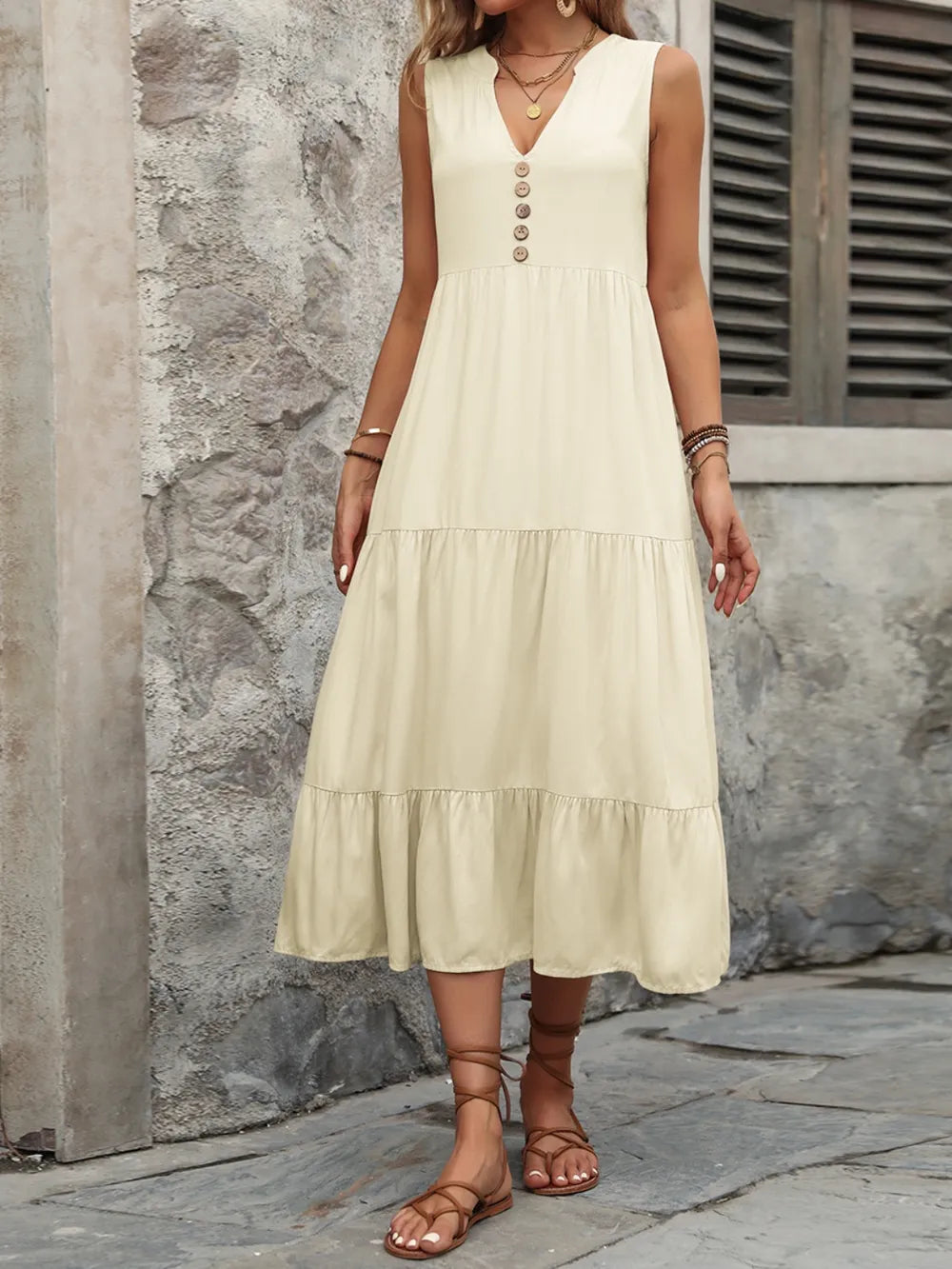 Decorative Button Notched Sleeveless Dress -