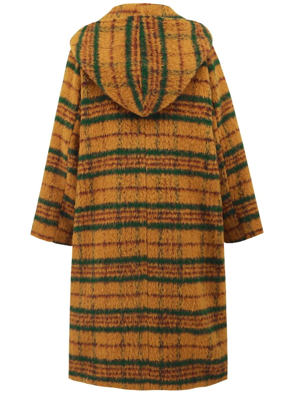 Plaid Long Sleeve Hooded Coat - Mustard