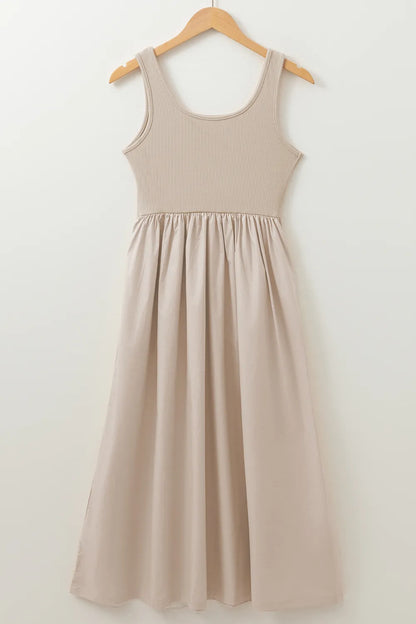 Scoop Neck Ribbed Bodice Midi Tank Dress -