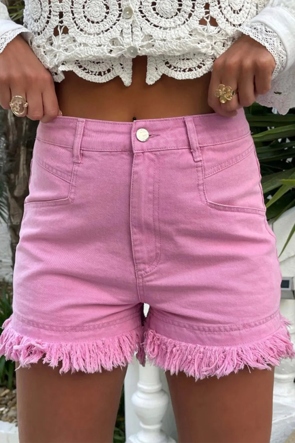 Raw Hem High Waist Denim Shorts - Pink