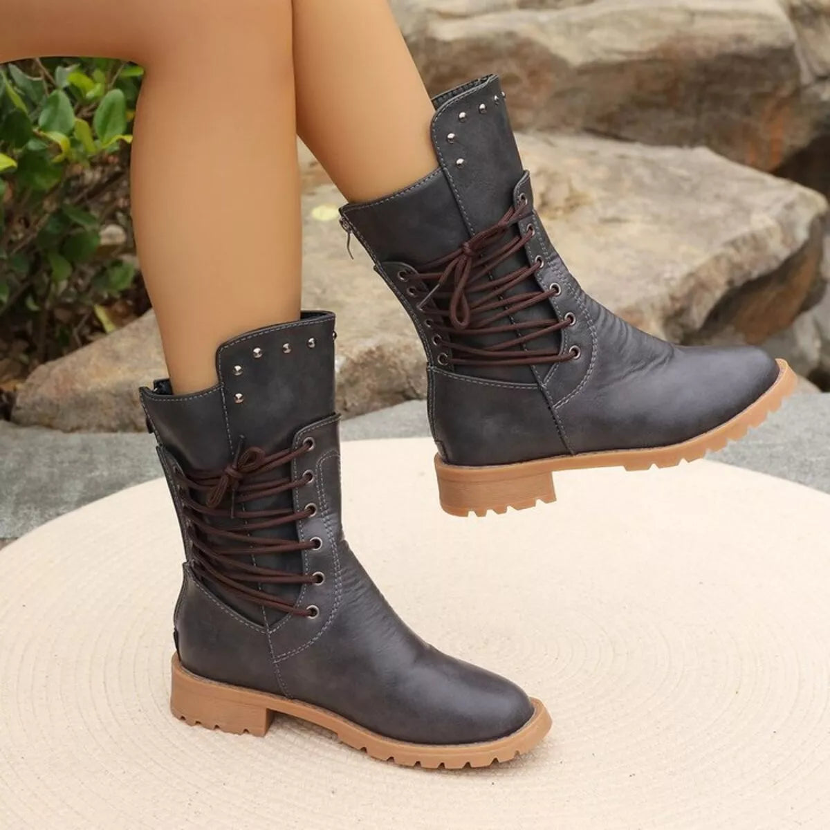 Studded Lace-Up Boots - Dark Gray