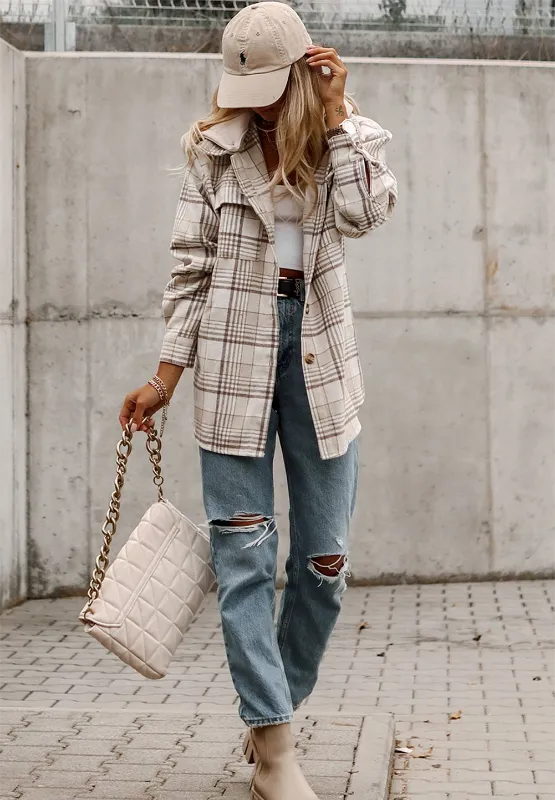 Plaid Removable Hood Button Up Shacket -