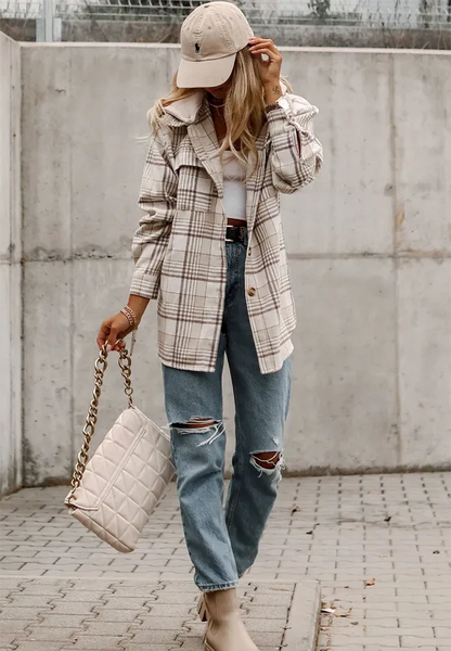 Plaid Removable Hood Button Up Shacket -